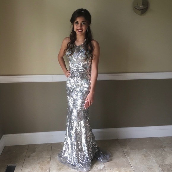 Mon Cheri Silver Sequined Prom Dress - Picture 5 of 10